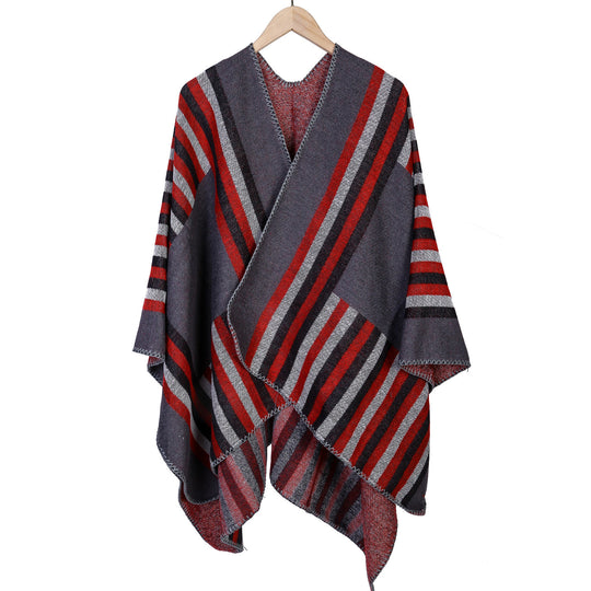 Damen Wendefreundliche Ruana im Oversize mit diagonalen Blockstreifen und dekorativer Zierkante Shop Nory