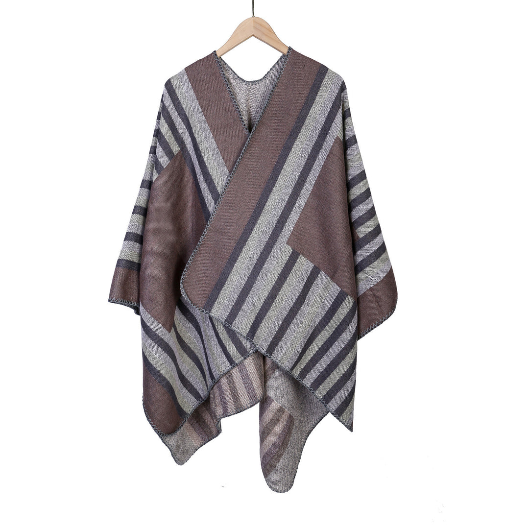 Damen Wendefreundliche Ruana im Oversize mit diagonalen Blockstreifen und dekorativer Zierkante Shop Nory