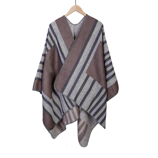 Damen Wendefreundliche Ruana im Oversize mit diagonalen Blockstreifen und dekorativer Zierkante Shop Nory