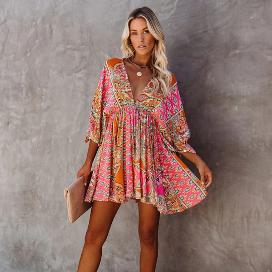 Shopnory | Trendy Kurze Boho Blumenkleid für Damen
