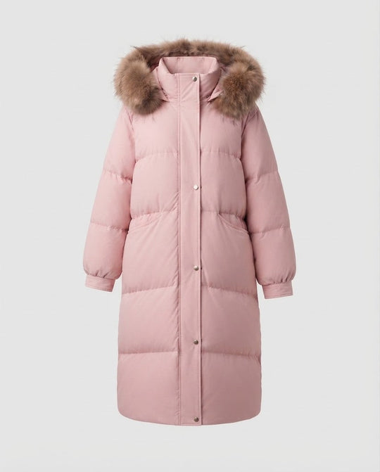 Damen längerer gesteppter Winterparka mit feminine A-Linie, abnehmbarer Kapuze und extra großen Seitentaschen