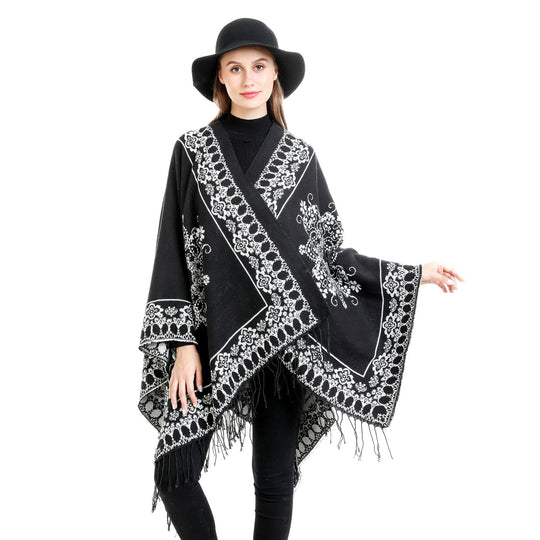 Damen Jacquard‑Poncho im Kimono‑Fall mit Fransensaum Shop Nory