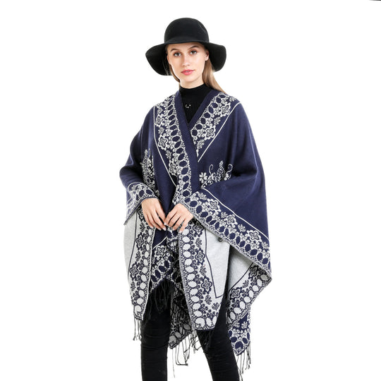 Damen Jacquard‑Poncho im Kimono‑Fall mit Fransensaum Shop Nory