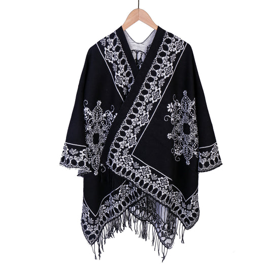 Damen Jacquard‑Poncho im Kimono‑Fall mit Fransensaum Shop Nory