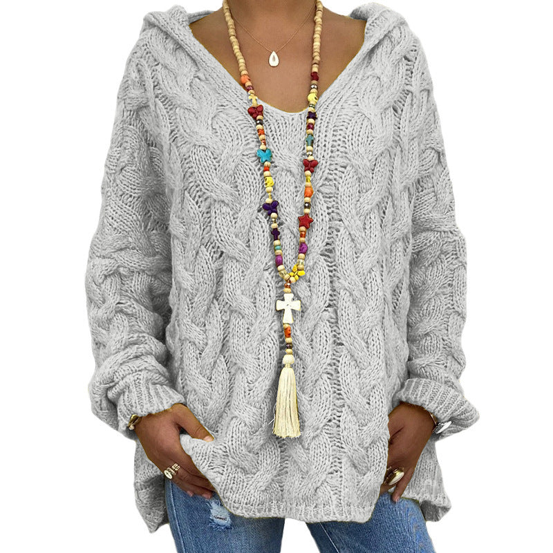 Damen nan oversized Kapuzenpullover mit Zopfmuster, tiefem V-Ausschnitt und seitlichen Schlitzen Shop Nory
