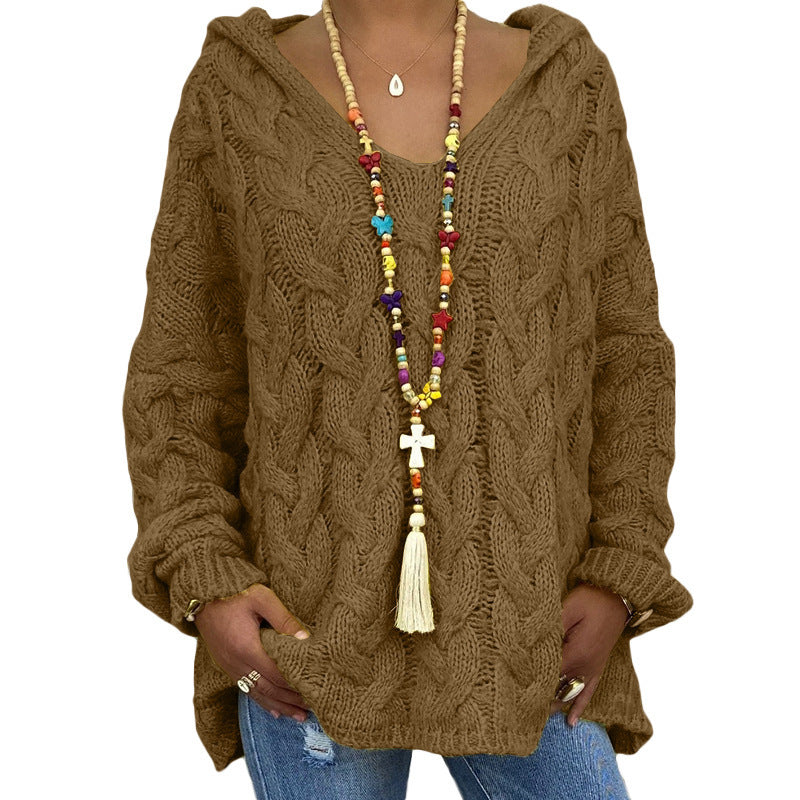 Damen nan oversized Kapuzenpullover mit Zopfmuster, tiefem V-Ausschnitt und seitlichen Schlitzen Shop Nory