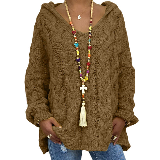 Damen nan oversized Kapuzenpullover mit Zopfmuster, tiefem V-Ausschnitt und seitlichen Schlitzen Shop Nory