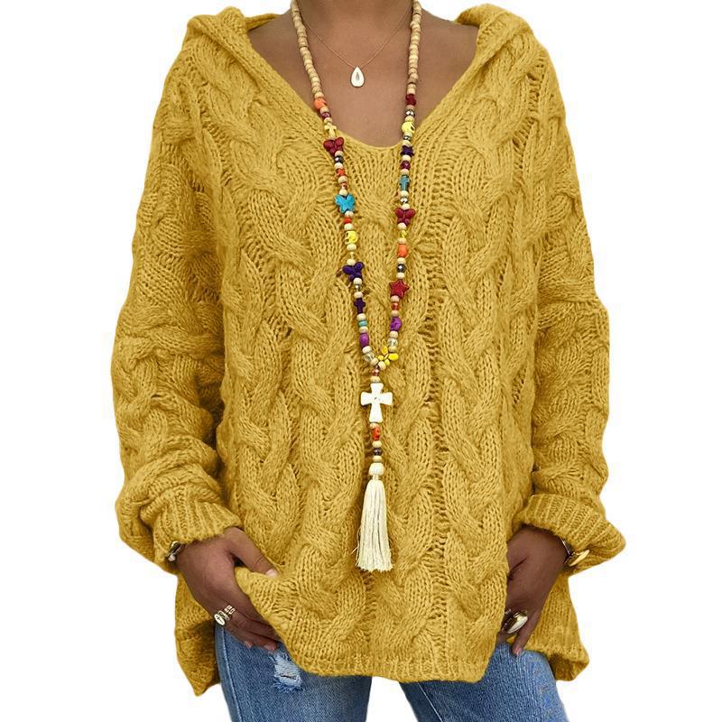 Damen nan oversized Kapuzenpullover mit Zopfmuster, tiefem V-Ausschnitt und seitlichen Schlitzen Shop Nory