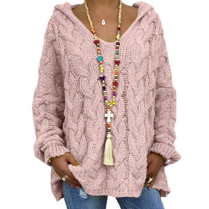 Damen nan oversized Kapuzenpullover mit Zopfmuster, tiefem V-Ausschnitt und seitlichen Schlitzen Shop Nory