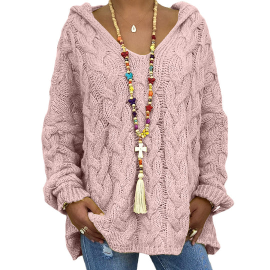 Damen nan oversized Kapuzenpullover mit Zopfmuster, tiefem V-Ausschnitt und seitlichen Schlitzen Shop Nory