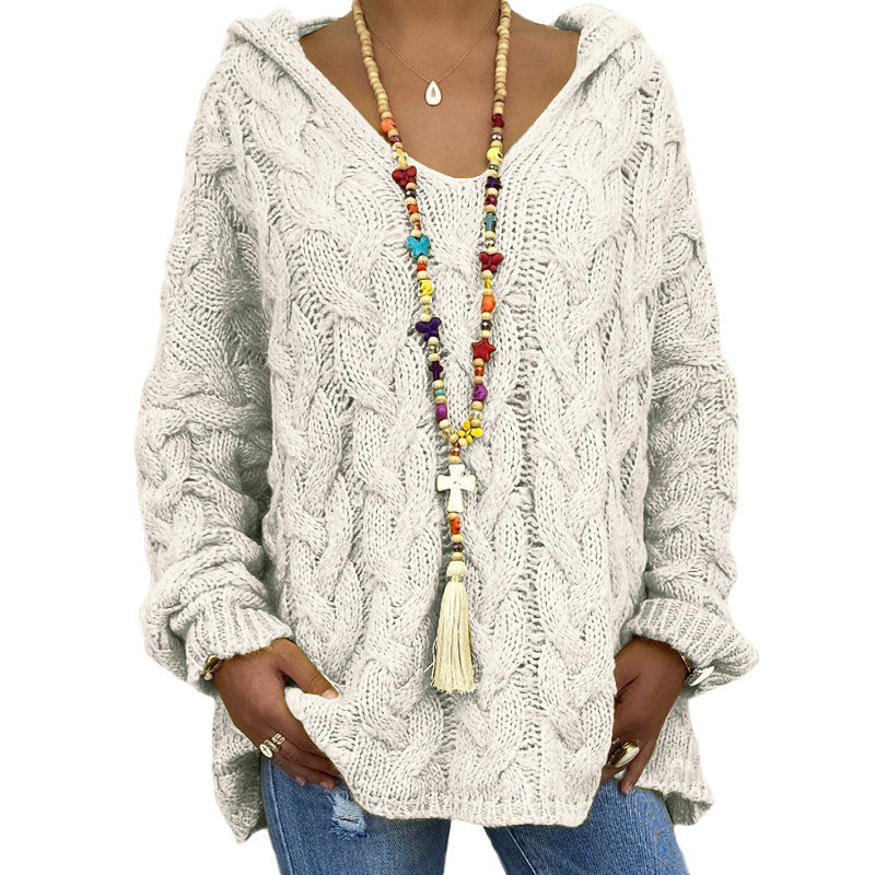 Damen nan oversized Kapuzenpullover mit Zopfmuster, tiefem V-Ausschnitt und seitlichen Schlitzen Shop Nory