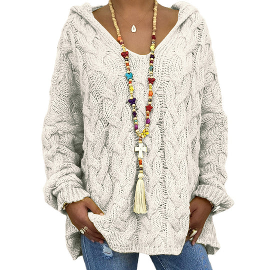 Damen nan oversized Kapuzenpullover mit Zopfmuster, tiefem V-Ausschnitt und seitlichen Schlitzen Shop Nory
