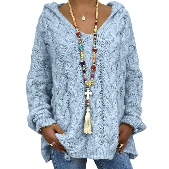 Damen nan oversized Kapuzenpullover mit Zopfmuster, tiefem V-Ausschnitt und seitlichen Schlitzen Shop Nory