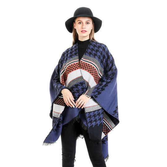 Damen Oversize-Ruana mit Hahnentritt-Jacquard und Fransensaum Shop Nory