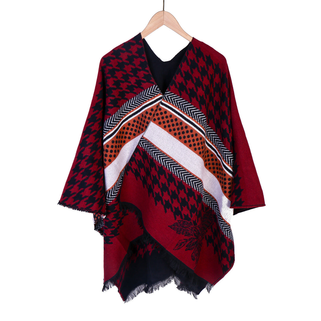 Damen Oversize-Ruana mit Hahnentritt-Jacquard und Fransensaum Shop Nory
