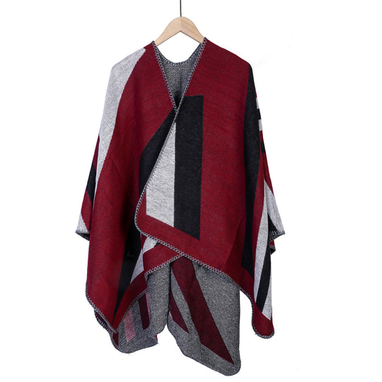 Damen Oversize-Ruana mit grafischem Blockmuster und dekorativer Kettelnaht Shop Nory
