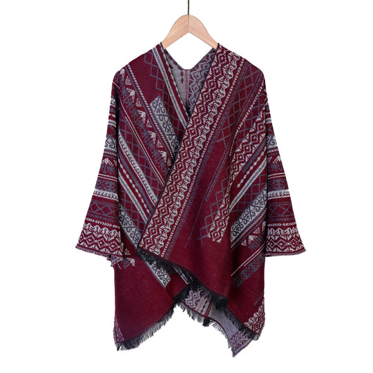 Damen Ruana-Poncho im kastigen Kimono-Fall mit feiner Jacquard‑Webstruktur und Fransensaum Shop Nory