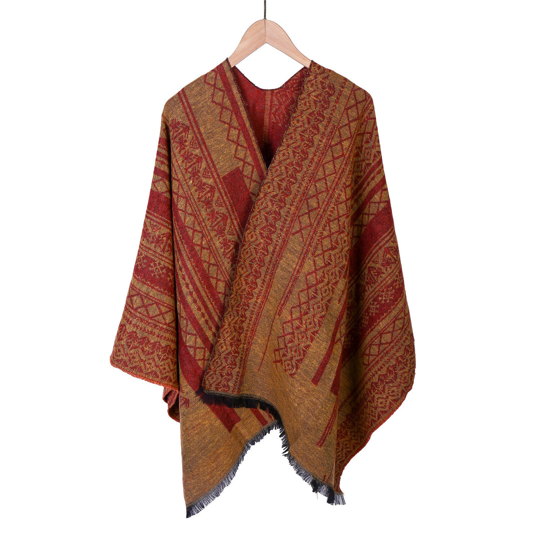 Damen Ruana-Poncho im kastigen Kimono-Fall mit feiner Jacquard‑Webstruktur und Fransensaum Shop Nory