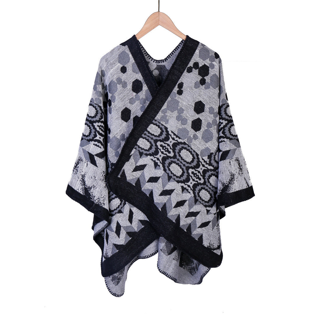 Damen Gemusterter Jacquard-Ruana-Überwurf mit V-Ausschnitt und Kettelnaht Shop Nory