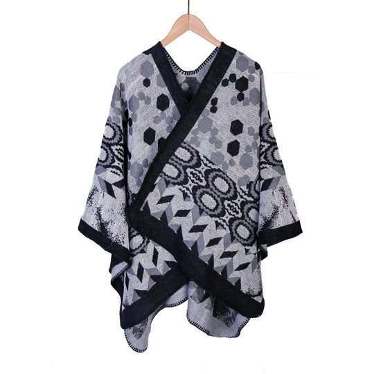 Damen Gemusterter Jacquard-Ruana-Überwurf mit V-Ausschnitt und Kettelnaht Shop Nory