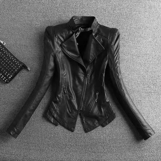 Shopnory | Damen Slim Fit PU-Lederjacke mit Reißverschlussnähten