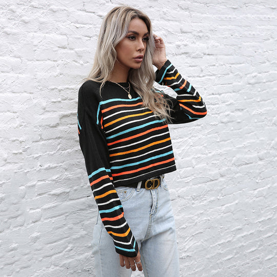 Damen Cropped Feinstrickpullover mit bunten Blockstreifen Shop Nory