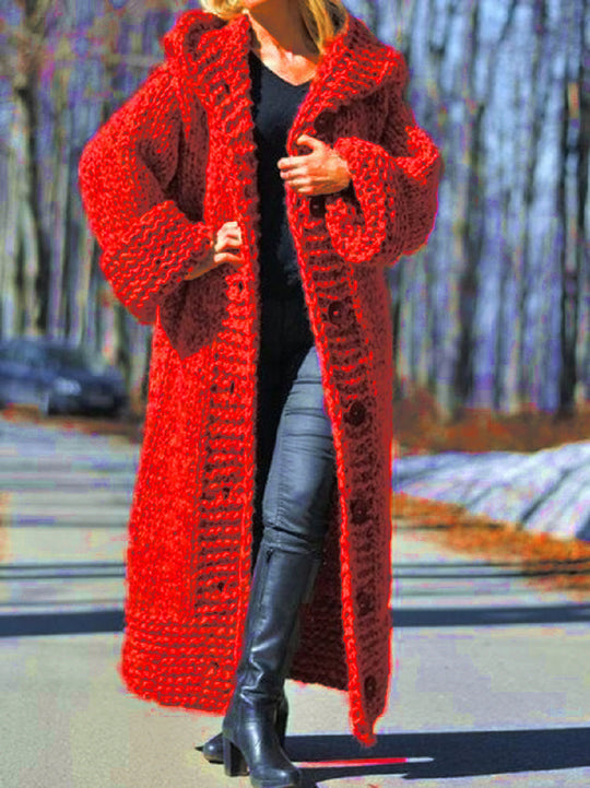 Damen Oversize Grobstrick Maximantel mit Kapuze und Knopfleiste Shop Nory