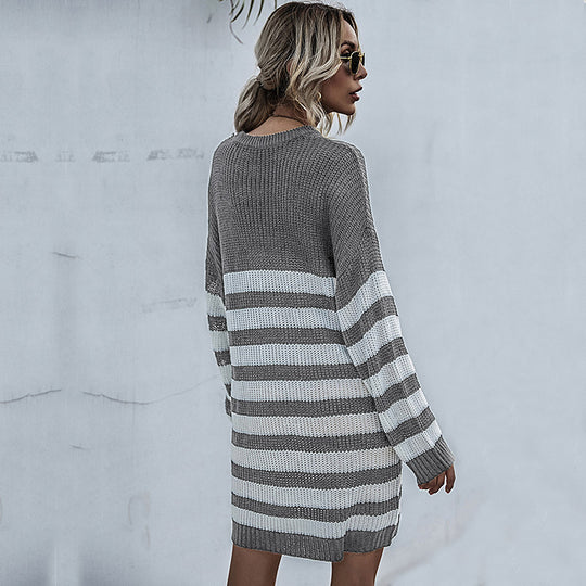 Damen Strickkleid im Oversize-Look mit Blockstreifen und geripptem Saum Shop Nory