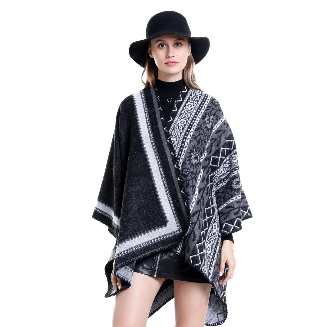 Damen Oversize-Ruana-Poncho mit Ornament-Jacquard und gehäkelter Kettelnaht Shop Nory