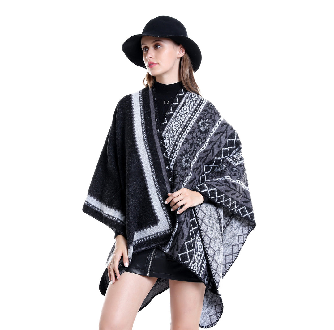 Damen Oversize-Ruana-Poncho mit Ornament-Jacquard und gehäkelter Kettelnaht Shop Nory