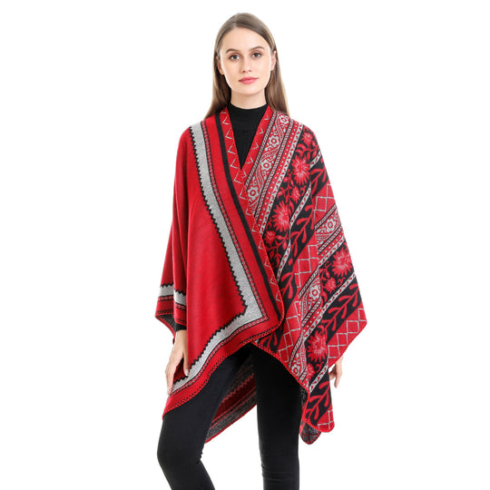 Damen Oversize-Ruana-Poncho mit Ornament-Jacquard und gehäkelter Kettelnaht Shop Nory