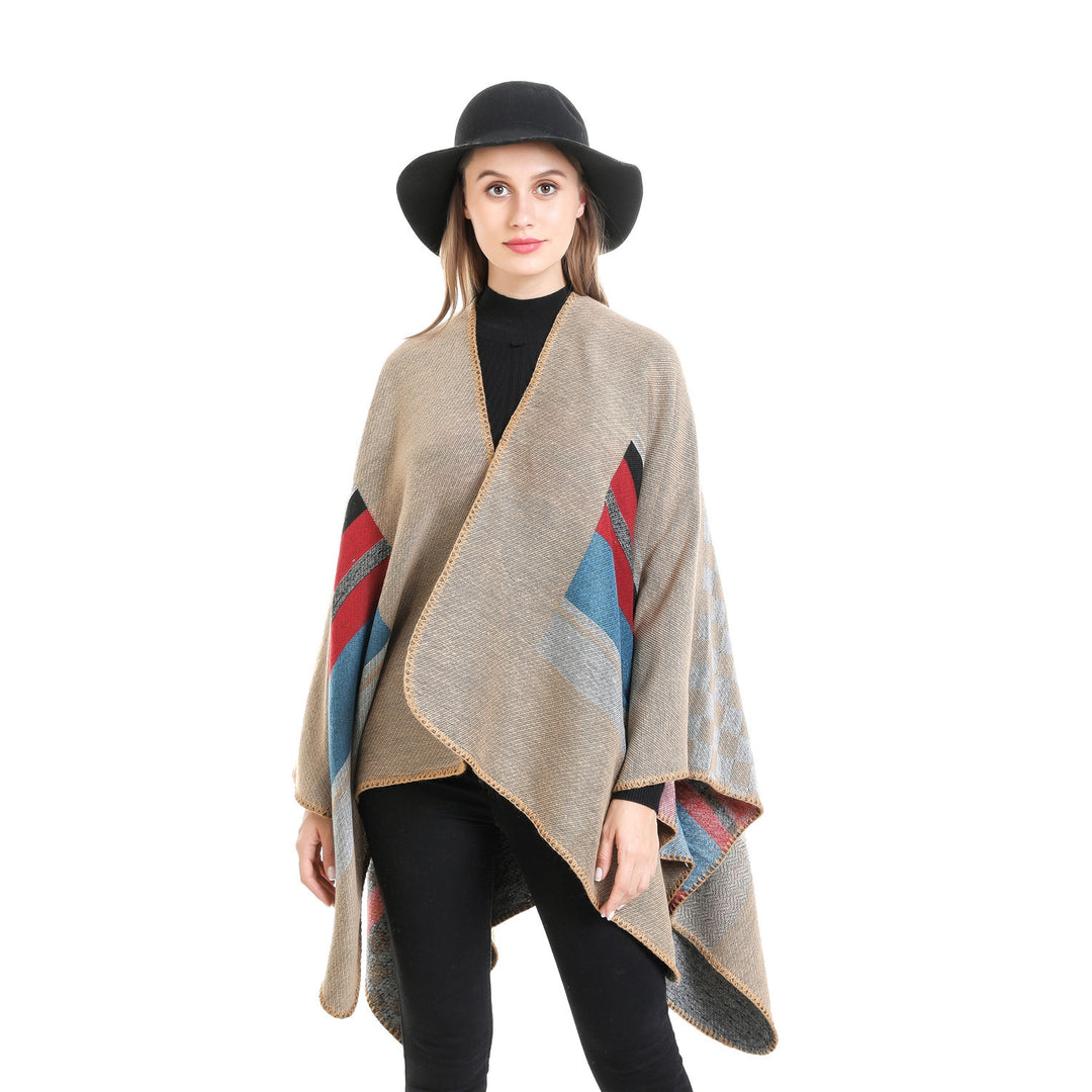 Damen Gestreifter Wollmix-Ruana mit offenem Fall und Ziernaht Shop Nory