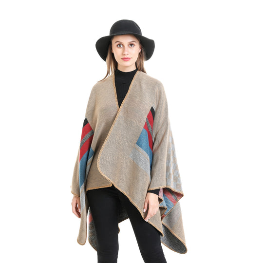 Damen Gestreifter Wollmix-Ruana mit offenem Fall und Ziernaht Shop Nory