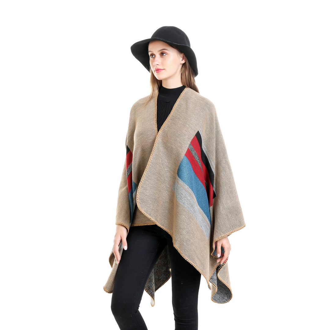Damen Gestreifter Wollmix-Ruana mit offenem Fall und Ziernaht Shop Nory