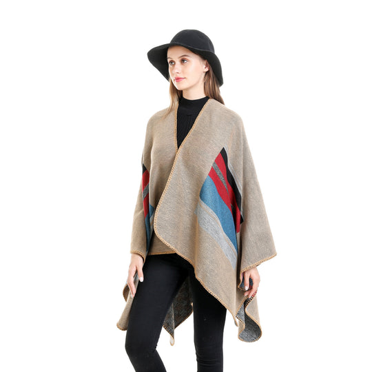 Damen Gestreifter Wollmix-Ruana mit offenem Fall und Ziernaht Shop Nory