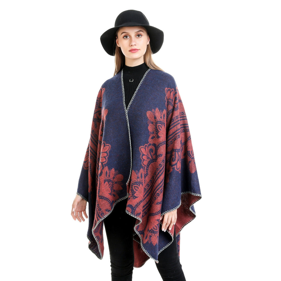 Damen Boho-Ruana mit floralem Ornamentjacquard und ausgefranster Kante Shop Nory