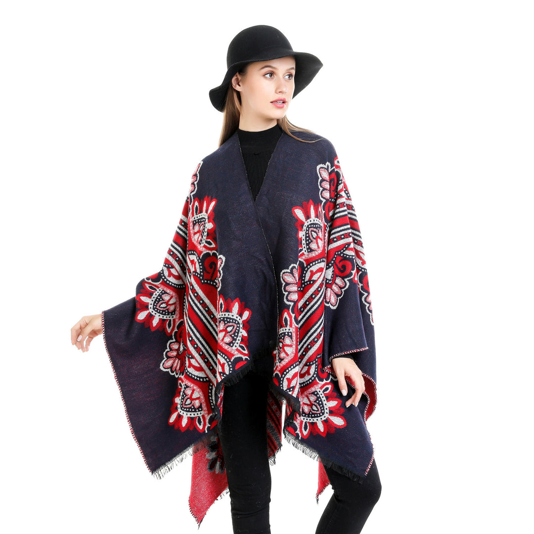 Damen Boho-Ruana mit floralem Ornamentjacquard und ausgefranster Kante Shop Nory