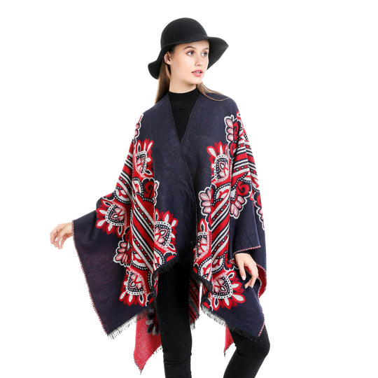 Damen Boho-Ruana mit floralem Ornamentjacquard und ausgefranster Kante Shop Nory