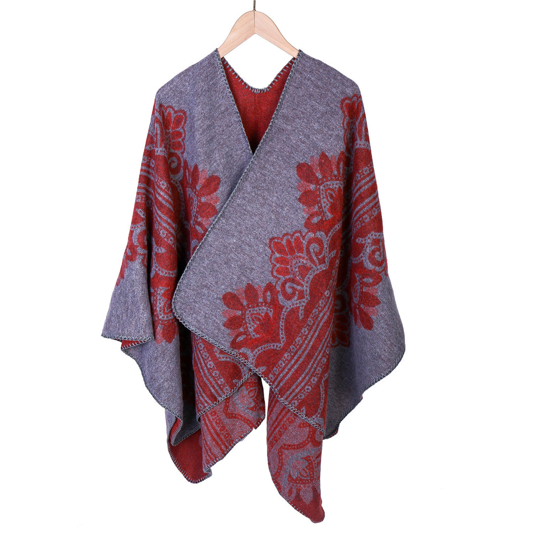Damen Boho-Ruana mit floralem Ornamentjacquard und ausgefranster Kante Shop Nory