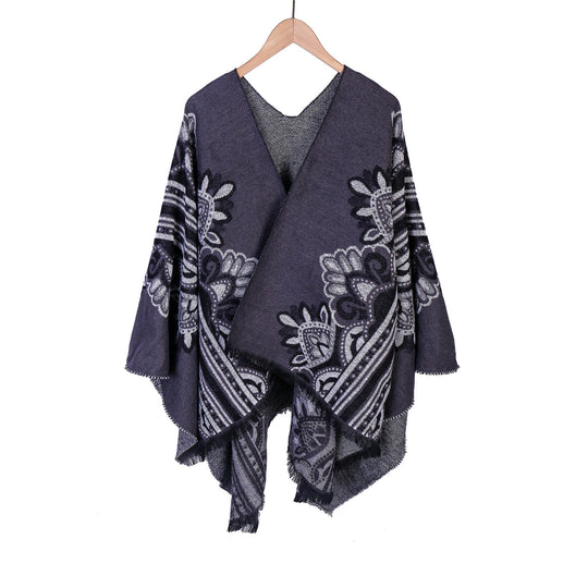 Damen Boho-Ruana mit floralem Ornamentjacquard und ausgefranster Kante Shop Nory