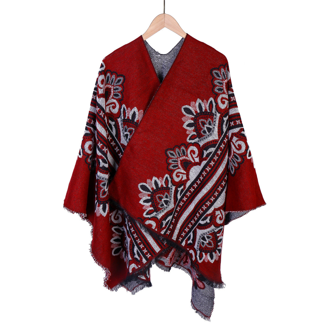 Damen Boho-Ruana mit floralem Ornamentjacquard und ausgefranster Kante Shop Nory