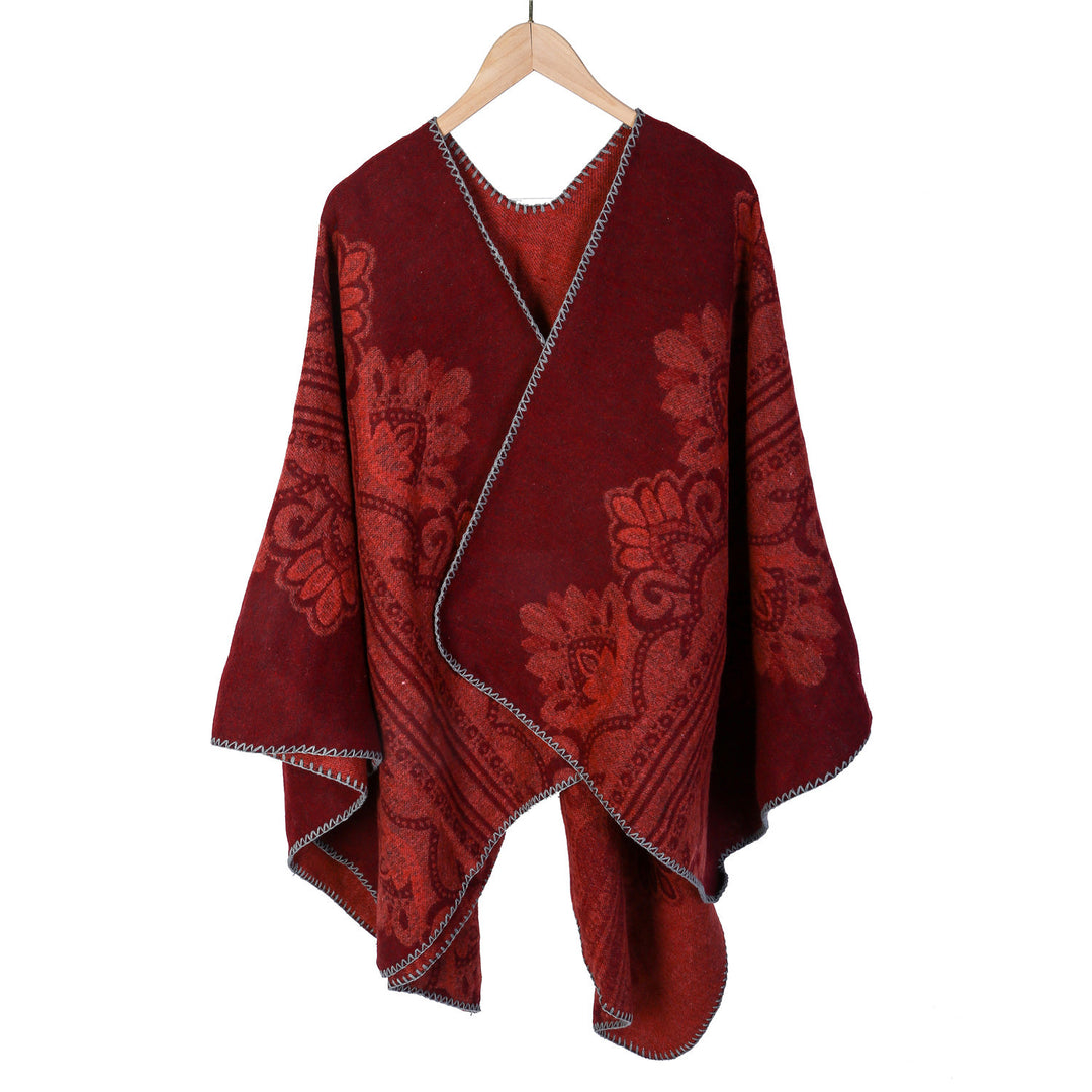 Damen Boho-Ruana mit floralem Ornamentjacquard und ausgefranster Kante Shop Nory