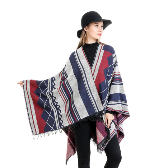 Damen Jacquard-Ruana im Oversize-Kimono mit Fransen und geometrischem Muster Shop Nory