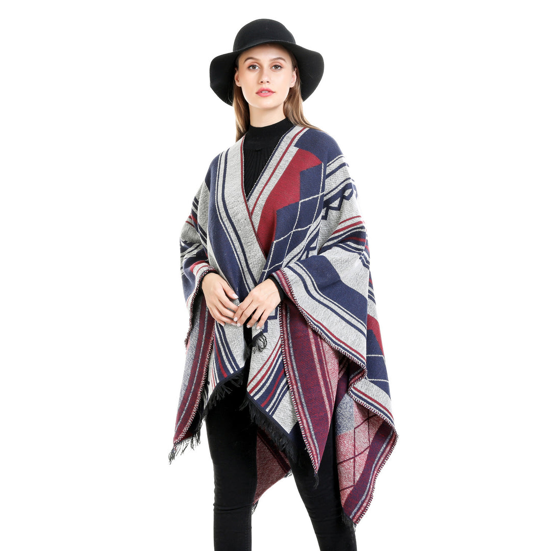 Damen Jacquard-Ruana im Oversize-Kimono mit Fransen und geometrischem Muster Shop Nory