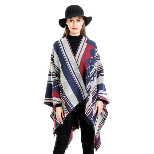 Damen Jacquard-Ruana im Oversize-Kimono mit Fransen und geometrischem Muster Shop Nory