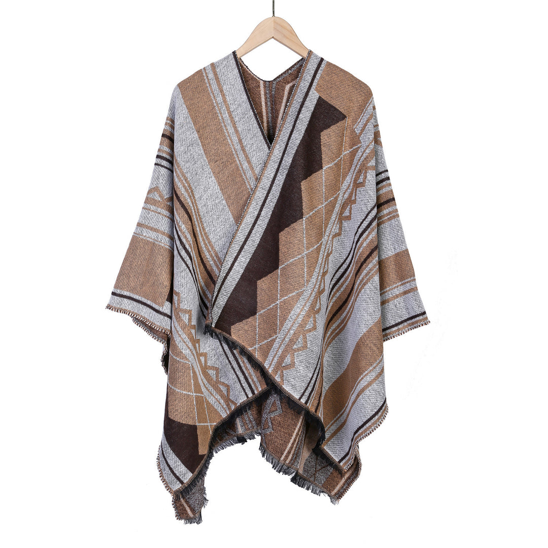 Damen Jacquard-Ruana im Oversize-Kimono mit Fransen und geometrischem Muster Shop Nory