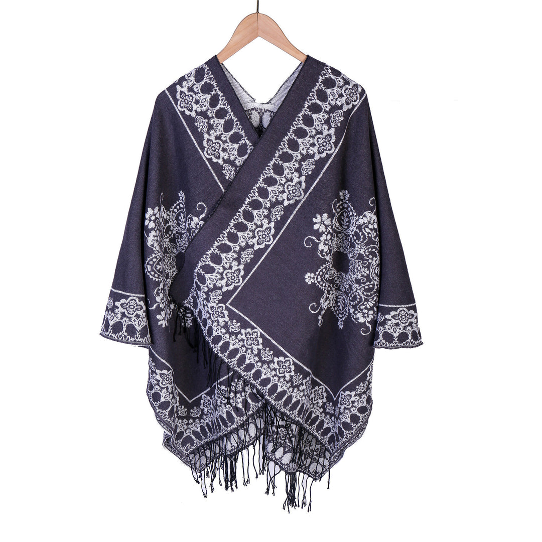Damen Jacquard‑Poncho im Kimono‑Fall mit Fransensaum Shop Nory
