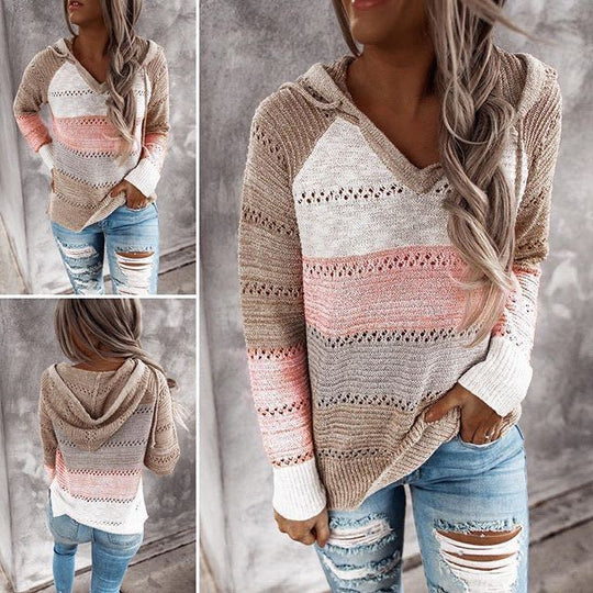 Damen Lockerer Strickkapuzenpullover mit Lochmuster und Eingrifftasche Shop Nory