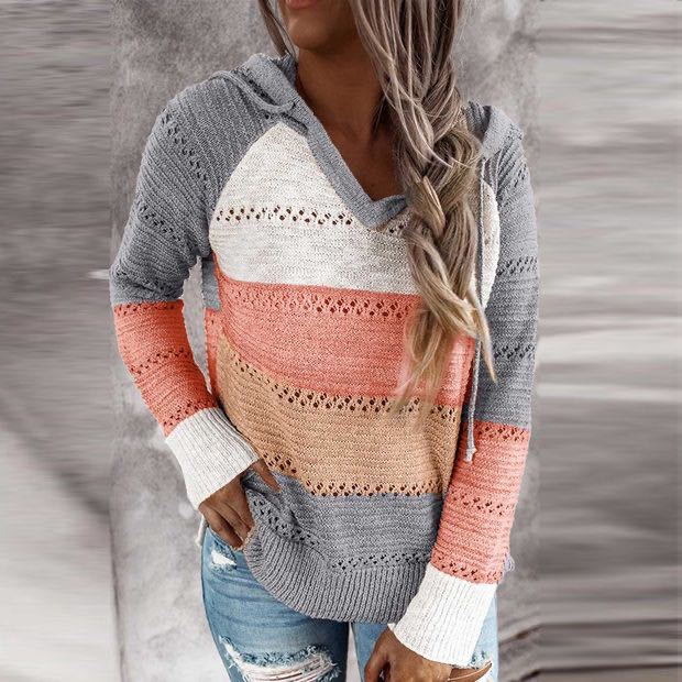 Damen Lockerer Strickkapuzenpullover mit Lochmuster und Eingrifftasche Shop Nory
