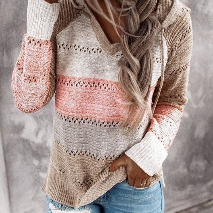 Damen Lockerer Strickkapuzenpullover mit Lochmuster und Eingrifftasche Shop Nory